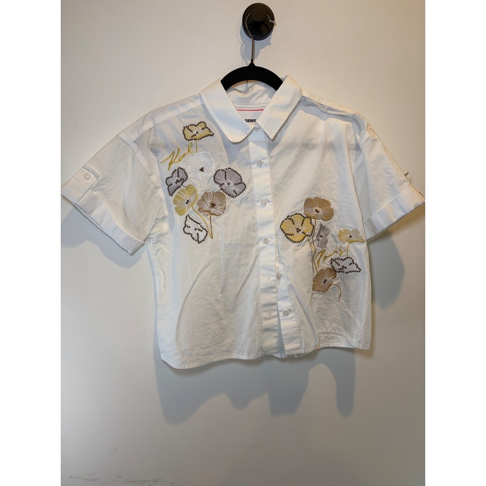 Karl Lagerfeld Paris White Cotton Floral Beaded Embroidered Button Down Shirt S